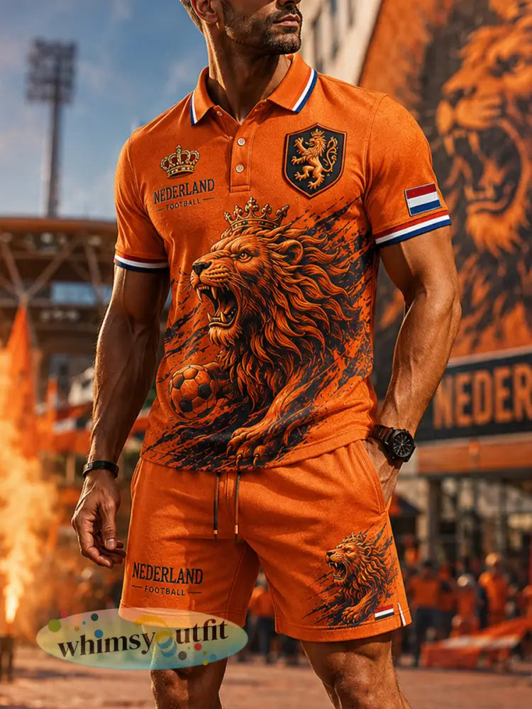Mannen voetbal leeuwenprint sportief poloshirt met korte mouwen set - A / S