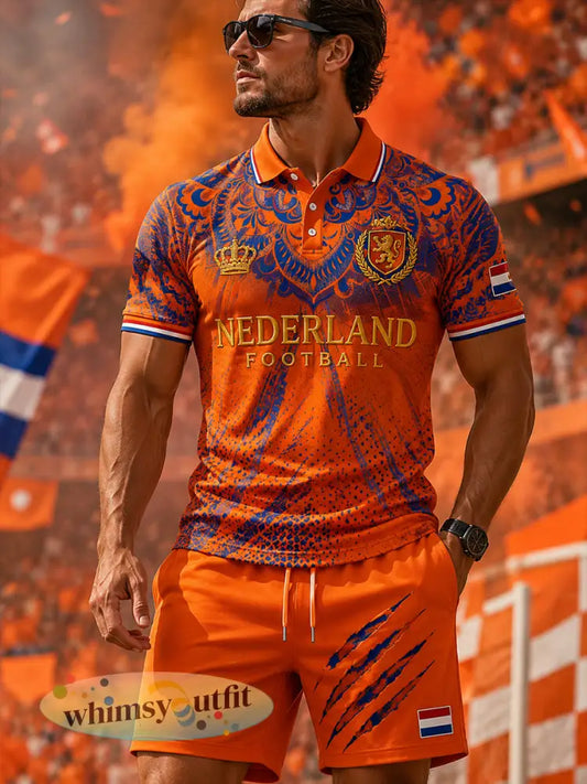 Mannen voetbal leeuwenprint sportief poloshirt met korte mouwen set - A / S