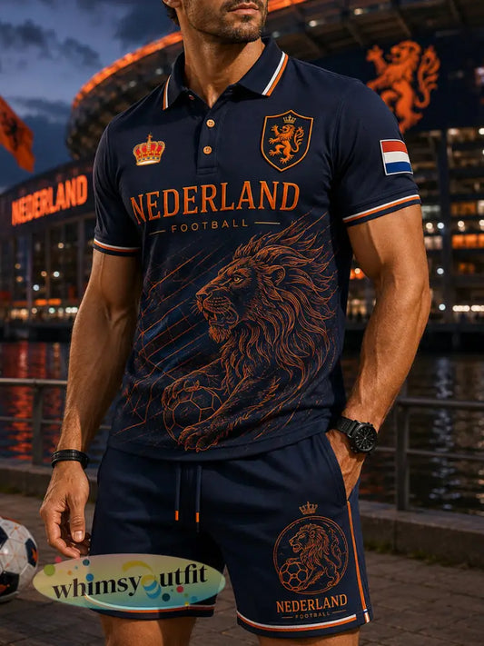Mannen voetbal leeuwenprint sportief poloshirt met korte mouwen set - A / S