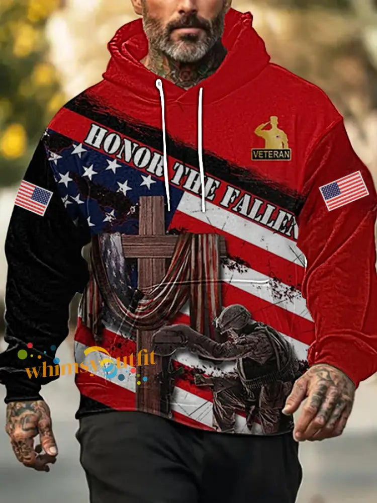 Men’s American Flag Veterans Day Printed Hoodie As picture / S