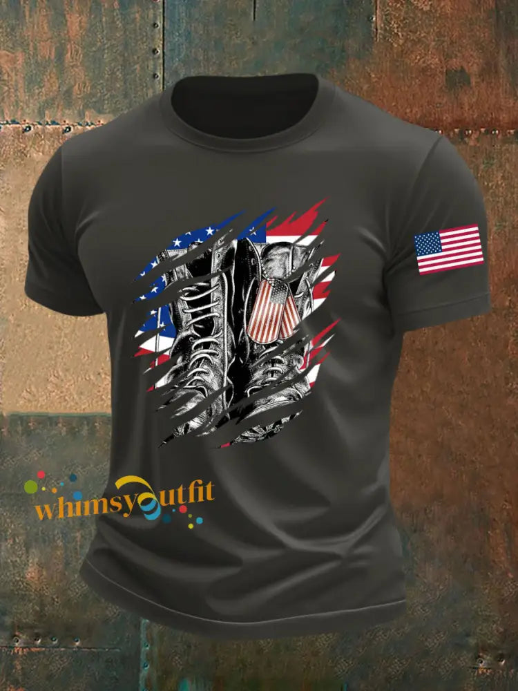 Men’s American Flag Veterans Day Printed T-shirt Dark Gray / S