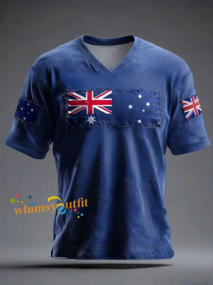 Men’s AU Flag Australia Day Printed V-neck T-shirt Blue / S