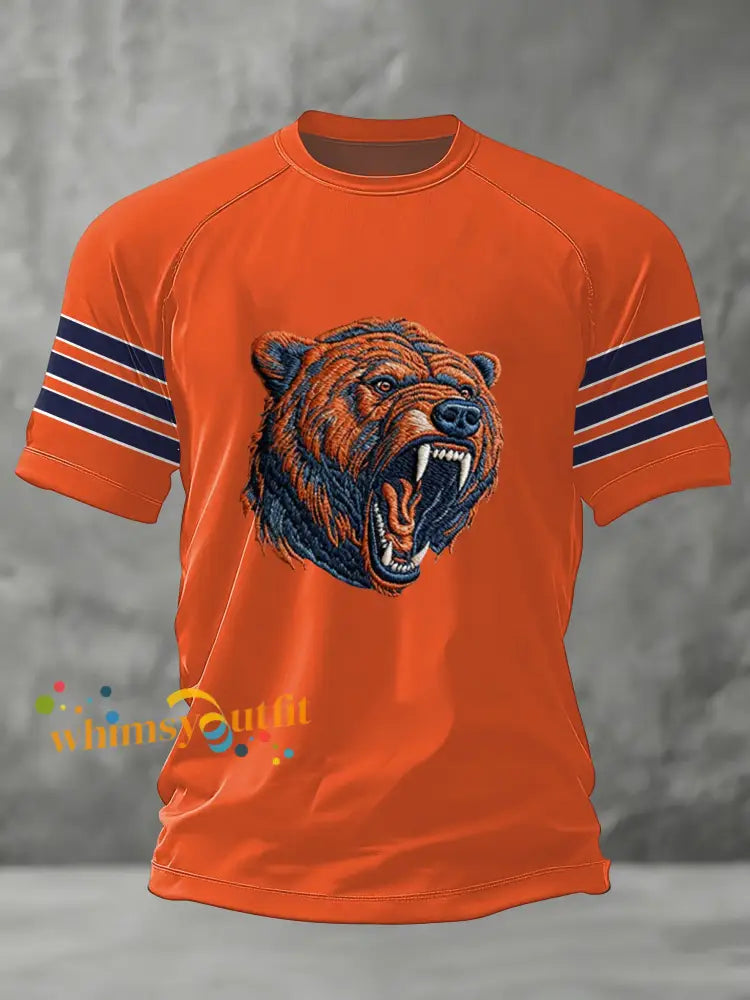 Men’s Bear Print Football Fans Gameday Casual Tee Orange / S