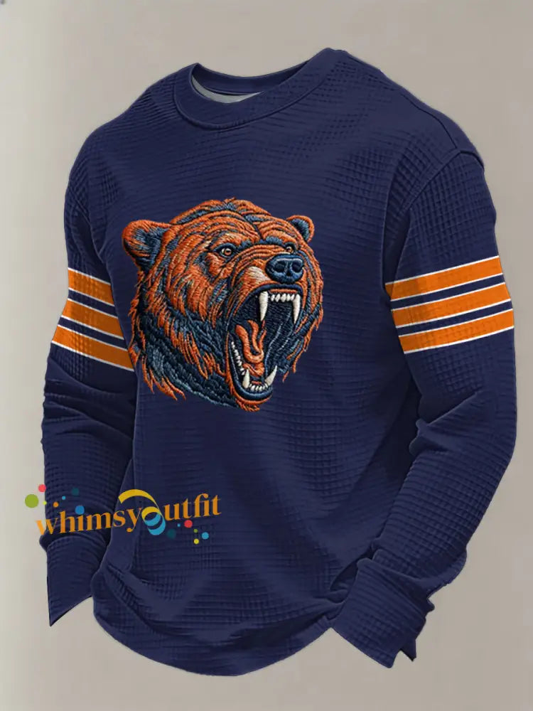 Men’s Bear Print Football Fans Gameday Casual Waffle Long Sleeve T-Shirt Navy Blue / S