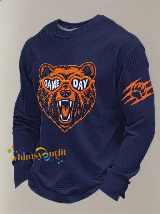 Men’s Bear Print Football Fans Gameday Casual Waffle Long Sleeve T-Shirt Navy Blue / S