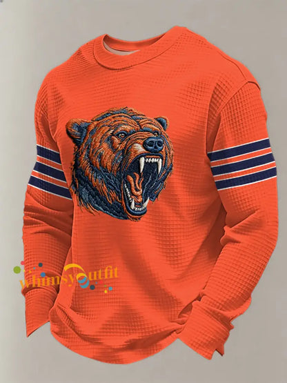 Men’s Bear Print Football Fans Gameday Casual Waffle Long Sleeve T-Shirt Orange / S