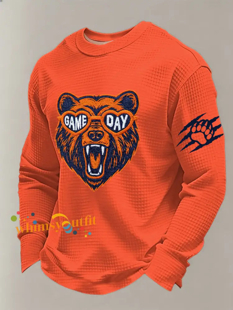 Men’s Bear Print Football Fans Gameday Casual Waffle Long Sleeve T-Shirt Orange / S
