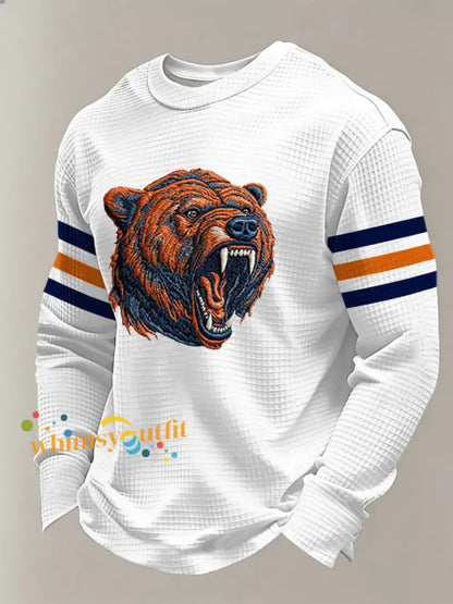 Men’s Bear Print Football Fans Gameday Casual Waffle Long Sleeve T-Shirt White / S
