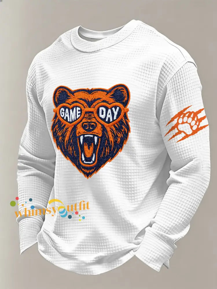Men’s Bear Print Football Fans Gameday Casual Waffle Long Sleeve T-Shirt White / S