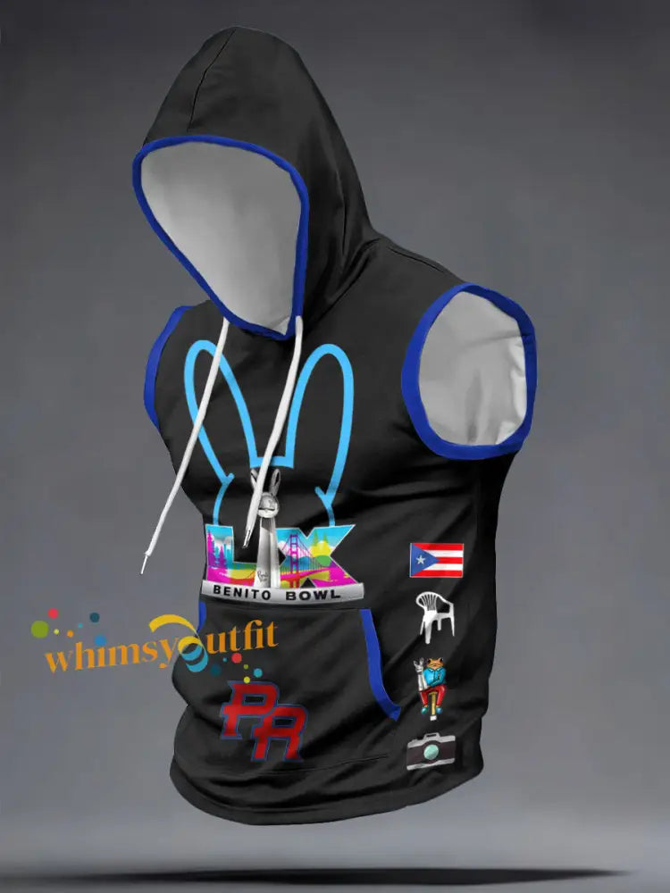 Men’s Benito Bowl Bunny Music Lover Printed Hooded Tank Tops Black / S