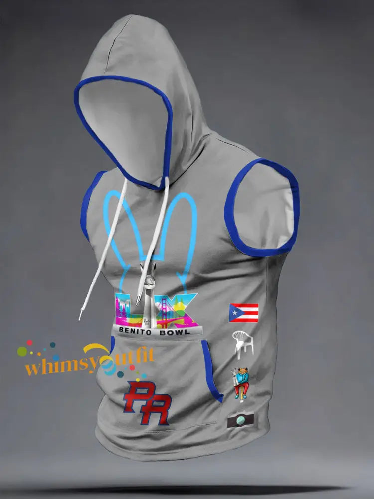 Men’s Benito Bowl Bunny Music Lover Printed Hooded Tank Tops Light Gray / S