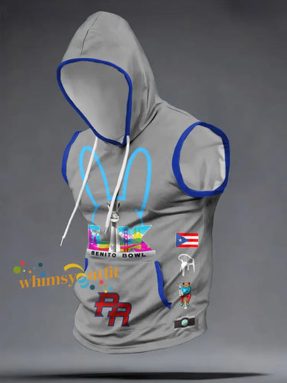 Men’s Benito Bowl Bunny Music Lover Printed Hooded Tank Tops Light Gray / S