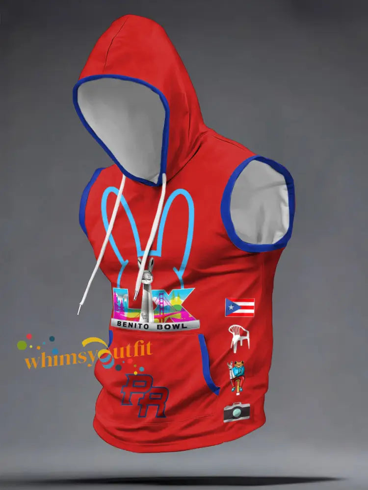 Men’s Benito Bowl Bunny Music Lover Printed Hooded Tank Tops Red / S