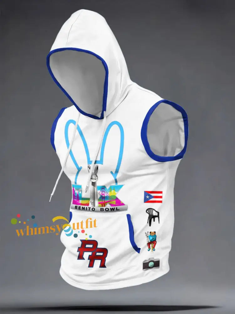 Men’s Benito Bowl Bunny Music Lover Printed Hooded Tank Tops White / S