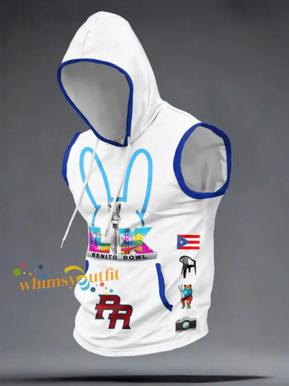 Men’s Benito Bowl Bunny Music Lover Printed Hooded Tank Tops White / S