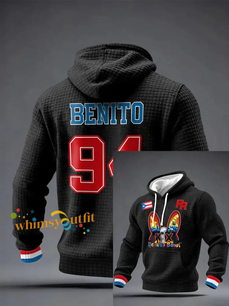 Men’s Bunny Football Music Lover Printed Checkered Cotton Hoodie Black / S