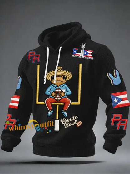 Men’s Bunny Football Music Lover Printed Checkered Cotton Hoodie Black / S