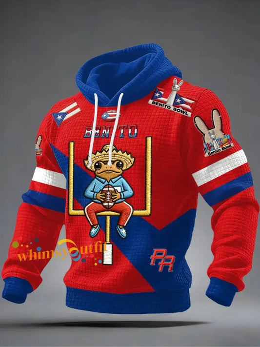 Men’s Bunny Football Music Lover Printed Checkered Cotton Hoodie Blue-Red / S