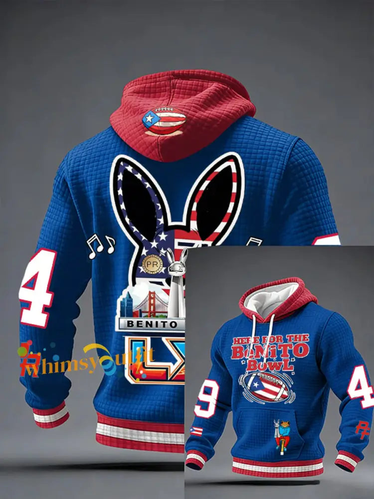 Men’s Bunny Football Music Lover Printed Checkered Cotton Hoodie Blue / S
