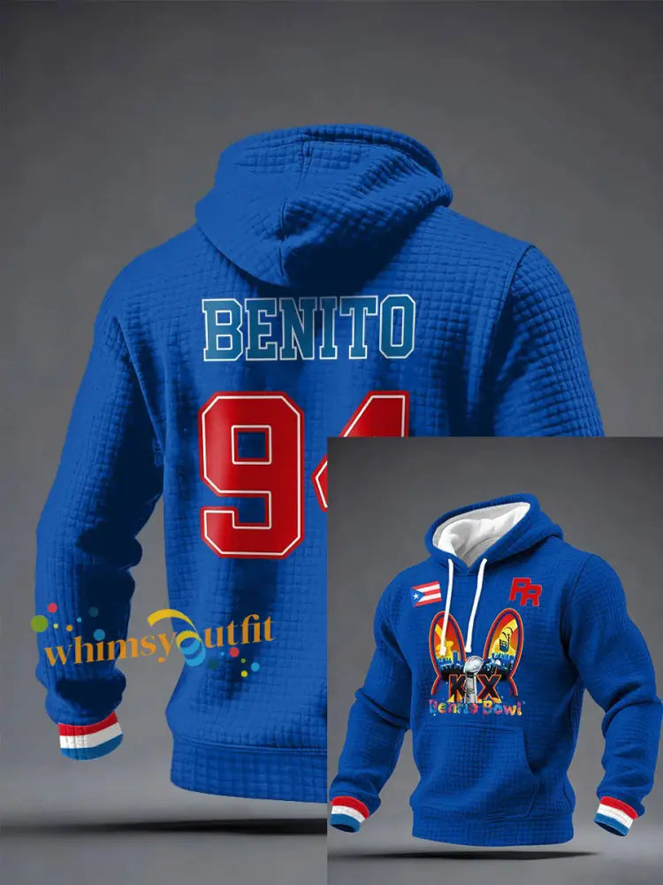 Men’s Bunny Football Music Lover Printed Checkered Cotton Hoodie Blue / S