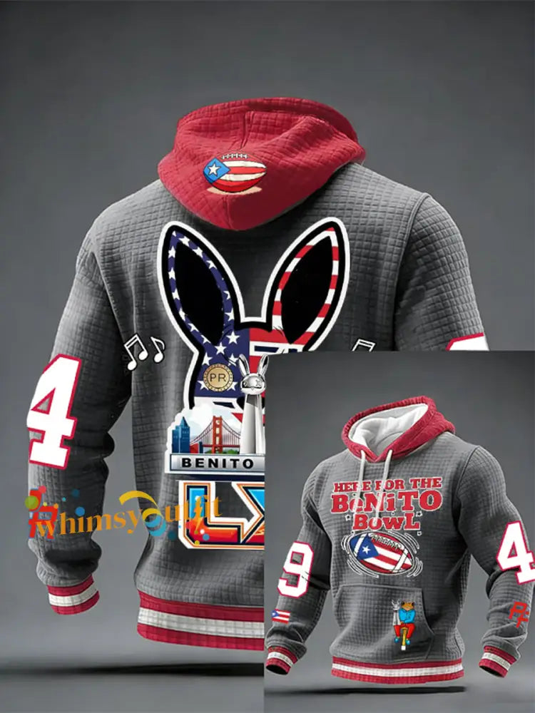 Men’s Bunny Football Music Lover Printed Checkered Cotton Hoodie Gray / S