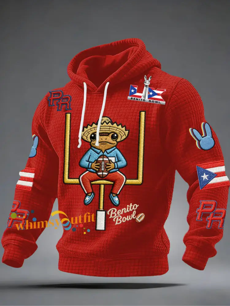 Men’s Bunny Football Music Lover Printed Checkered Cotton Hoodie Red / S