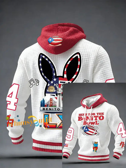 Men’s Bunny Football Music Lover Printed Checkered Cotton Hoodie White / S
