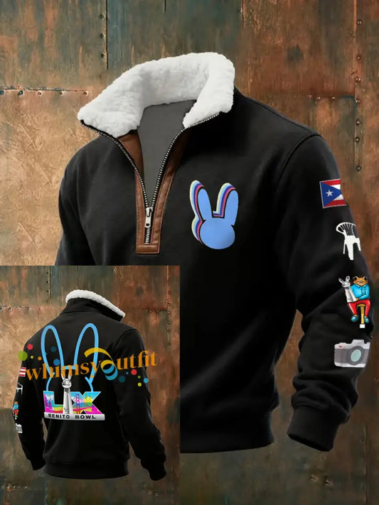 Men’s Bunny Football Music Lover Printed Hoodie Black / S