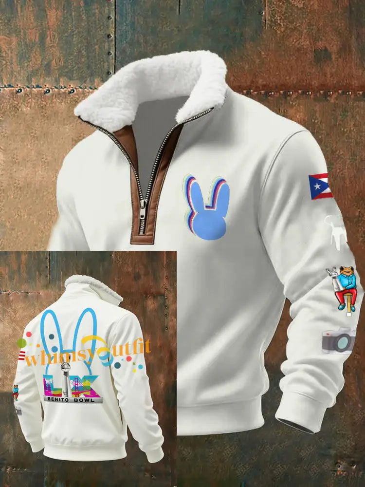 Men’s Bunny Football Music Lover Printed Hoodie White / S