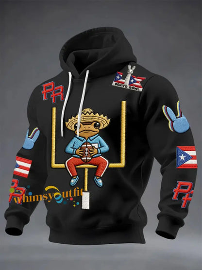 Men’s Bunny Football Music Lover Printed Oversized Drop-Shoulder Hoodie with Pockets Black / S