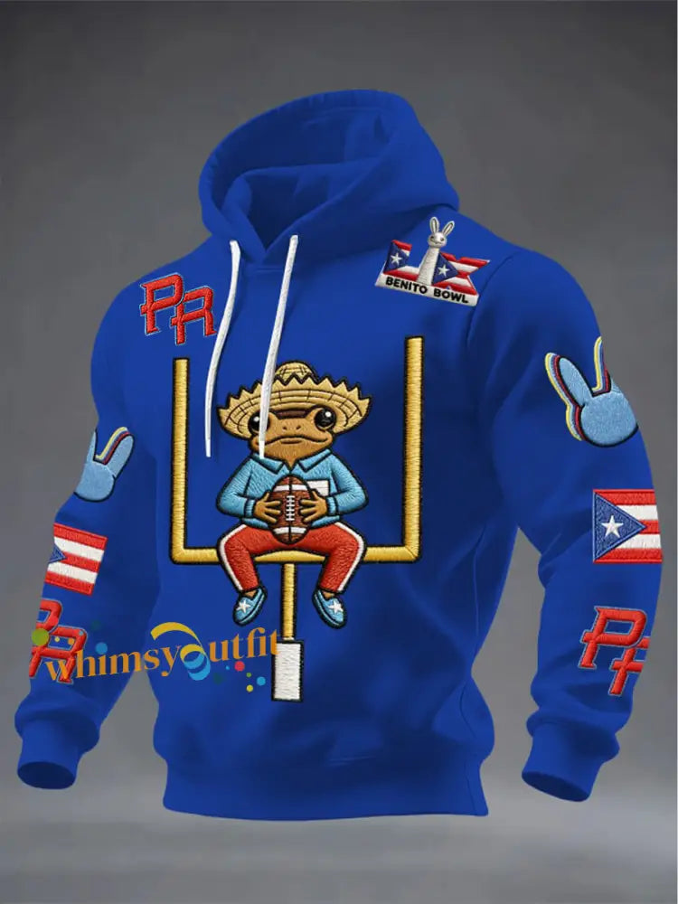 Men’s Bunny Football Music Lover Printed Oversized Drop-Shoulder Hoodie with Pockets Blue / S