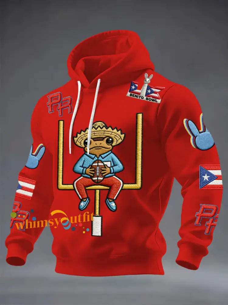 Men’s Bunny Football Music Lover Printed Oversized Drop-Shoulder Hoodie with Pockets Red / S