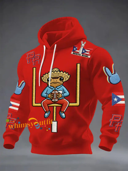 Men’s Bunny Football Music Lover Printed Oversized Drop-Shoulder Hoodie with Pockets Red / S