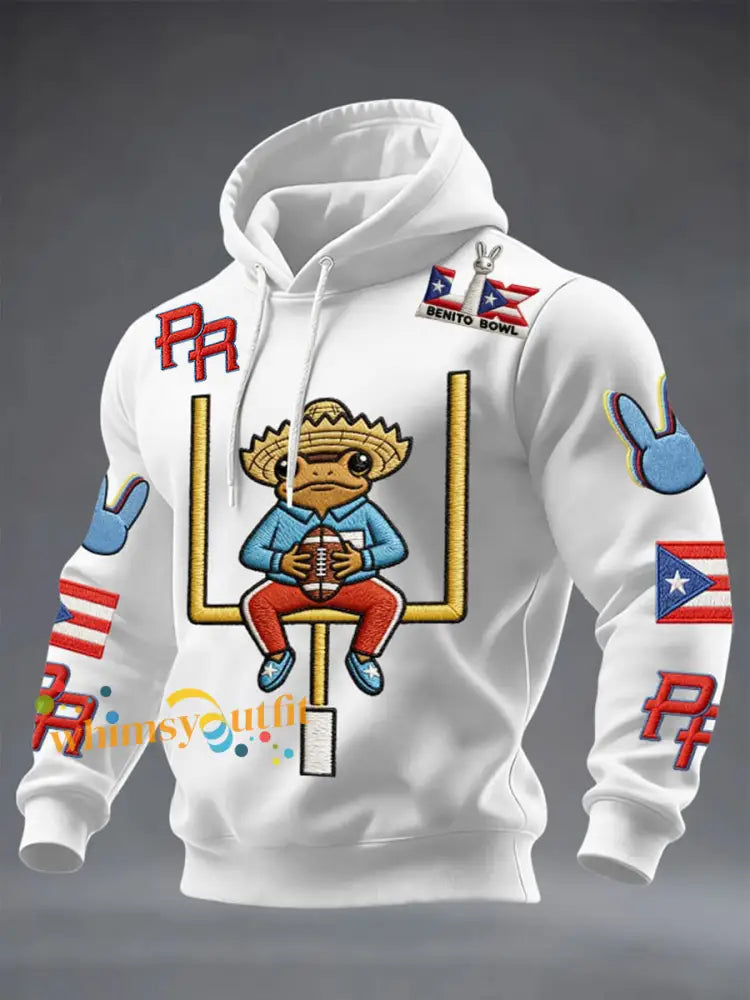 Men’s Bunny Football Music Lover Printed Oversized Drop-Shoulder Hoodie with Pockets White / S