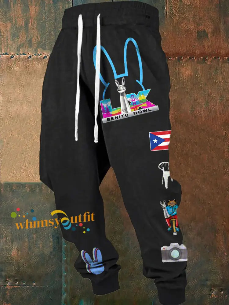 Men’s Bunny Football Music Lover Printed Pants Black / S