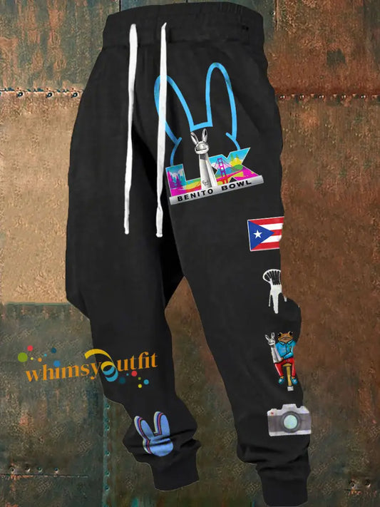 Men’s Bunny Football Music Lover Printed Pants Black / S