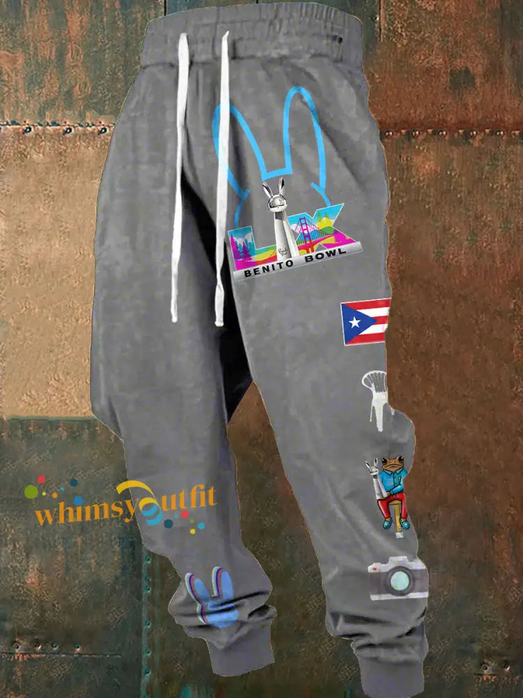 Men’s Bunny Football Music Lover Printed Pants Light Gray / S