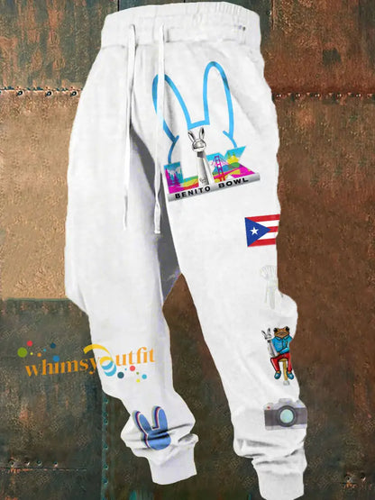 Men’s Bunny Football Music Lover Printed Pants White / S