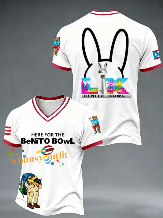 Men’s Bunny Football Music Lover Printed V-neck T-shirt White / S