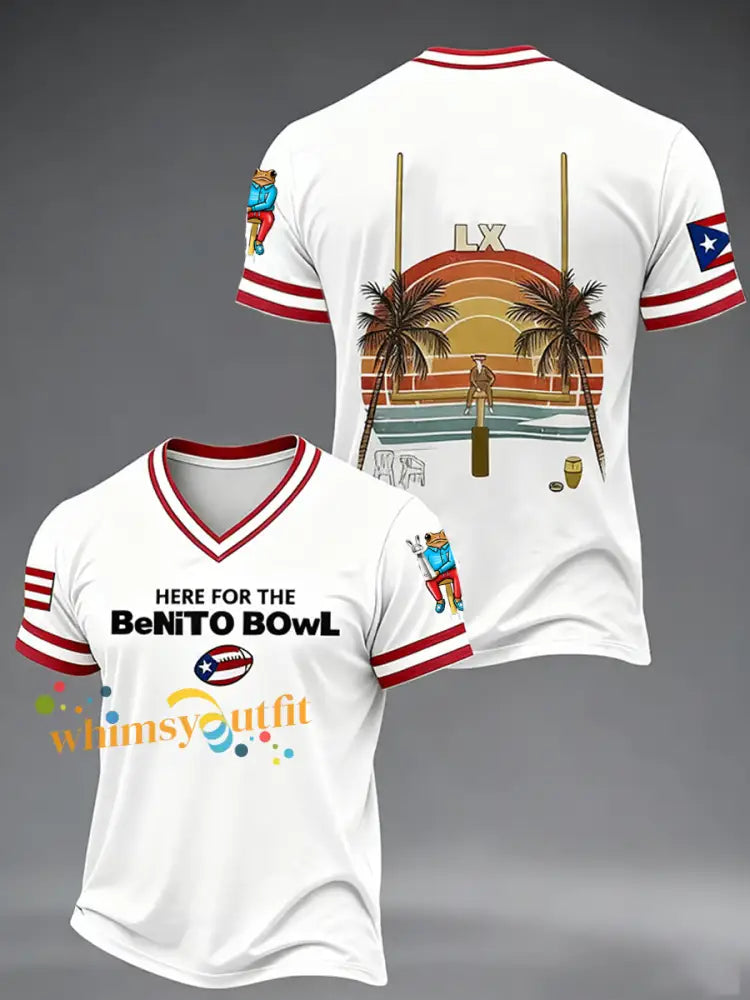 Men’s Bunny Football Music Lover Printed V-neck T-shirt White / S