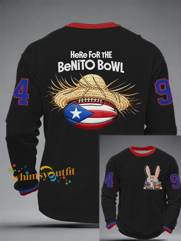 Men’s Bunny Football Music Lover Printed Waffle Long Sleeve T-Shirt Black / S