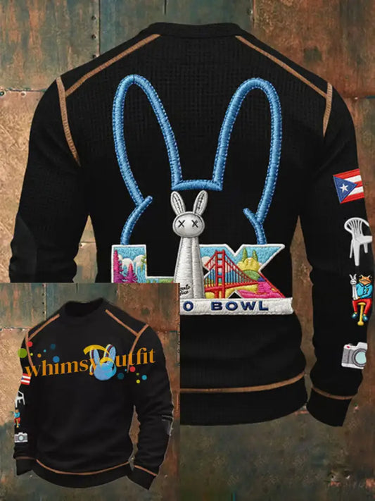 Men’s Bunny Football Music Lover Printed Waffle Long Sleeve T-Shirt Black / S