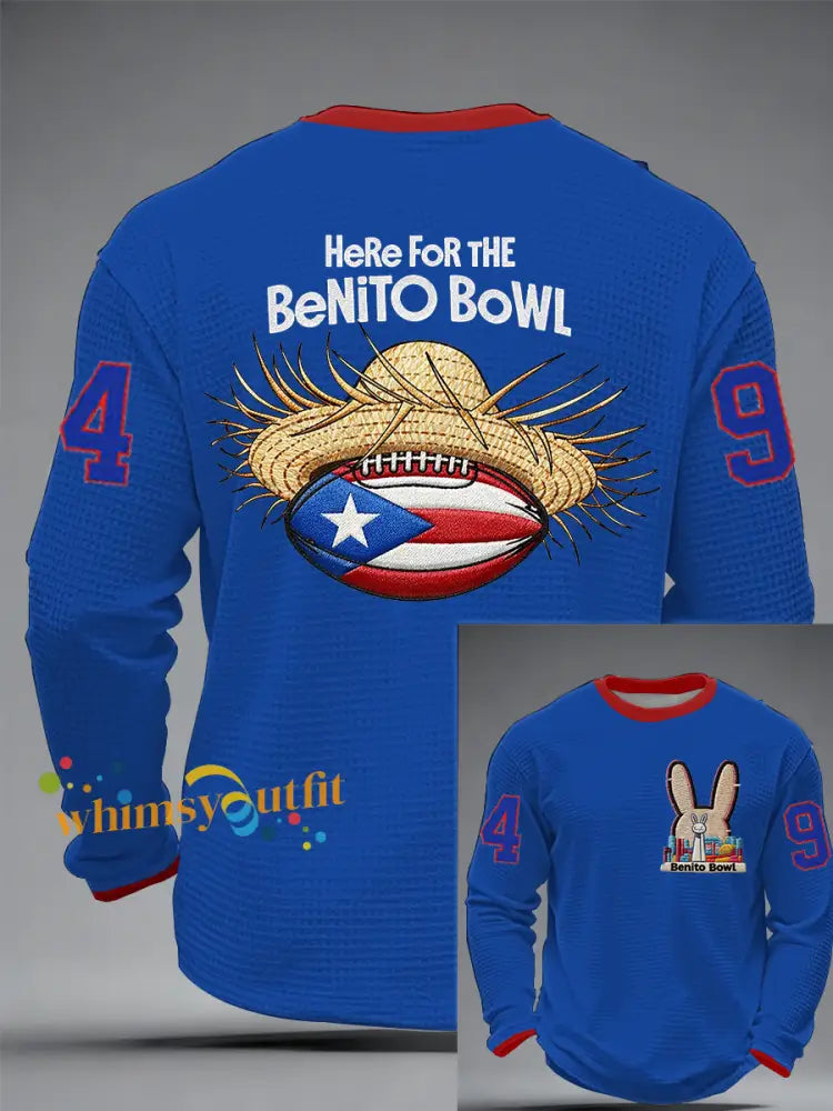 Men’s Bunny Football Music Lover Printed Waffle Long Sleeve T-Shirt Blue / S