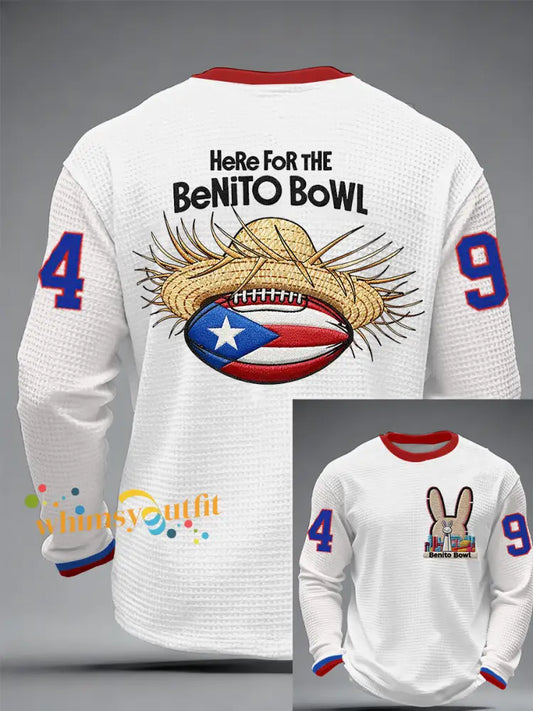 Men’s Bunny Football Music Lover Printed Waffle Long Sleeve T-Shirt White / S