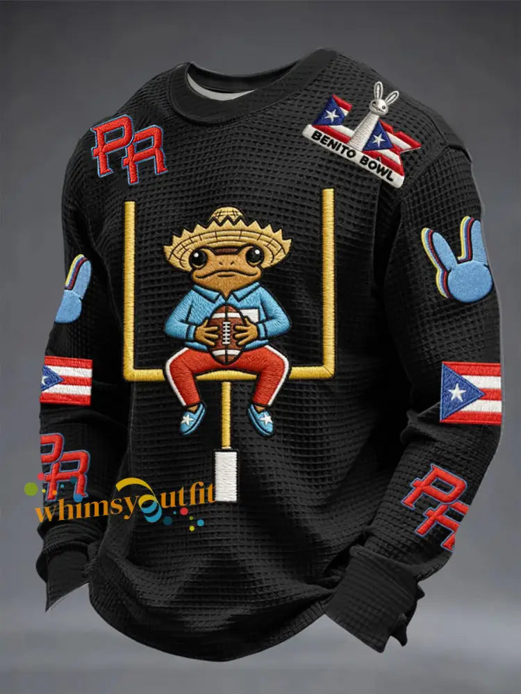 Men’s Bunny Football Music Lover Printed Waffle Long Sleeve Top Black / S