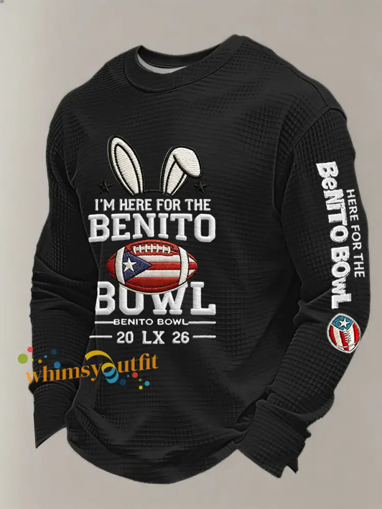 Men’s Bunny Football Music Lover Printed Waffle Long Sleeve Top Black / S