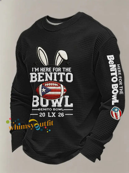 Men’s Bunny Football Music Lover Printed Waffle Long Sleeve Top Black / S