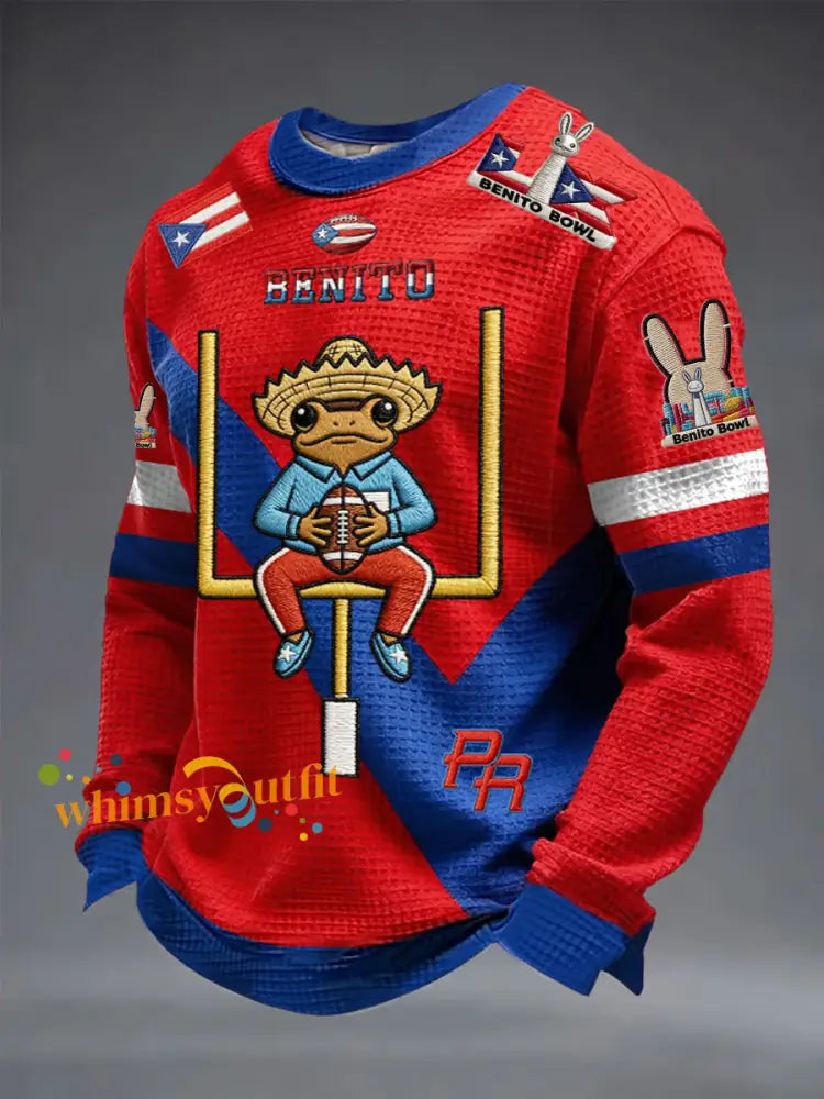 Men’s Bunny Football Music Lover Printed Waffle Long Sleeve Top Blue-Red / S