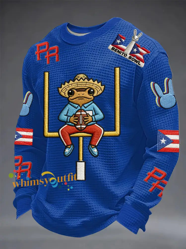 Men’s Bunny Football Music Lover Printed Waffle Long Sleeve Top Blue / S