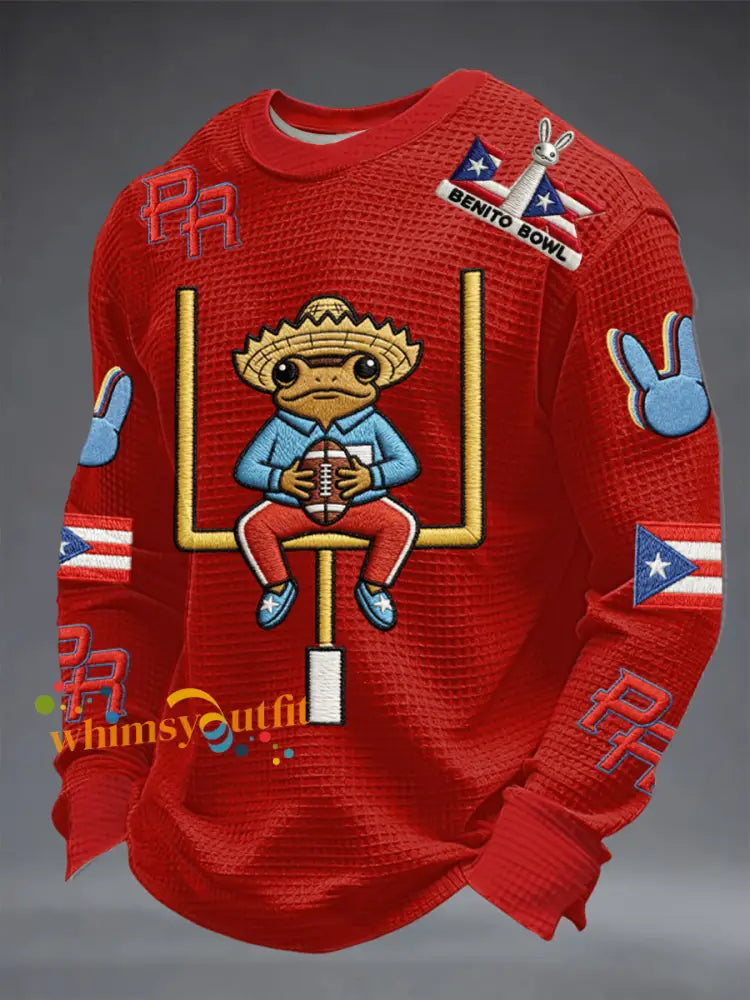 Men’s Bunny Football Music Lover Printed Waffle Long Sleeve Top Red / S